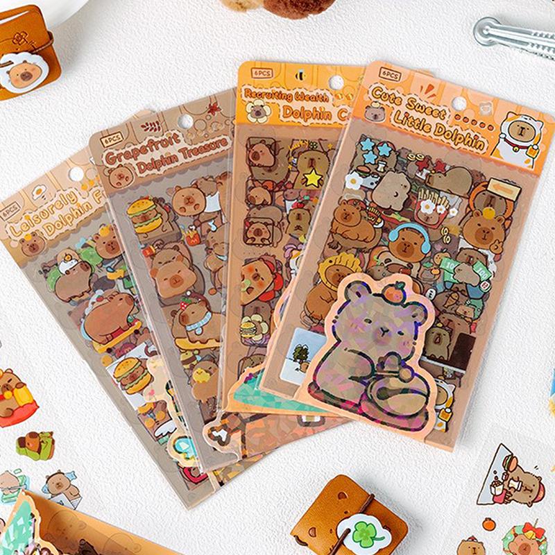 6Sheets/Pack Cute Cartoon Capybara Stickers Transparent Waterproof Stickers School Supplies Diary Decoration Stickers Stationery