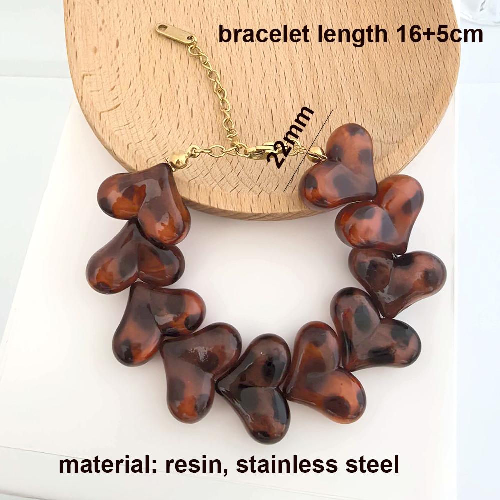Heart Leopard Print Bracelet Women Resin Stainless Steel Thick Chain Geometric Gold Beads Statement Coffee Trendy