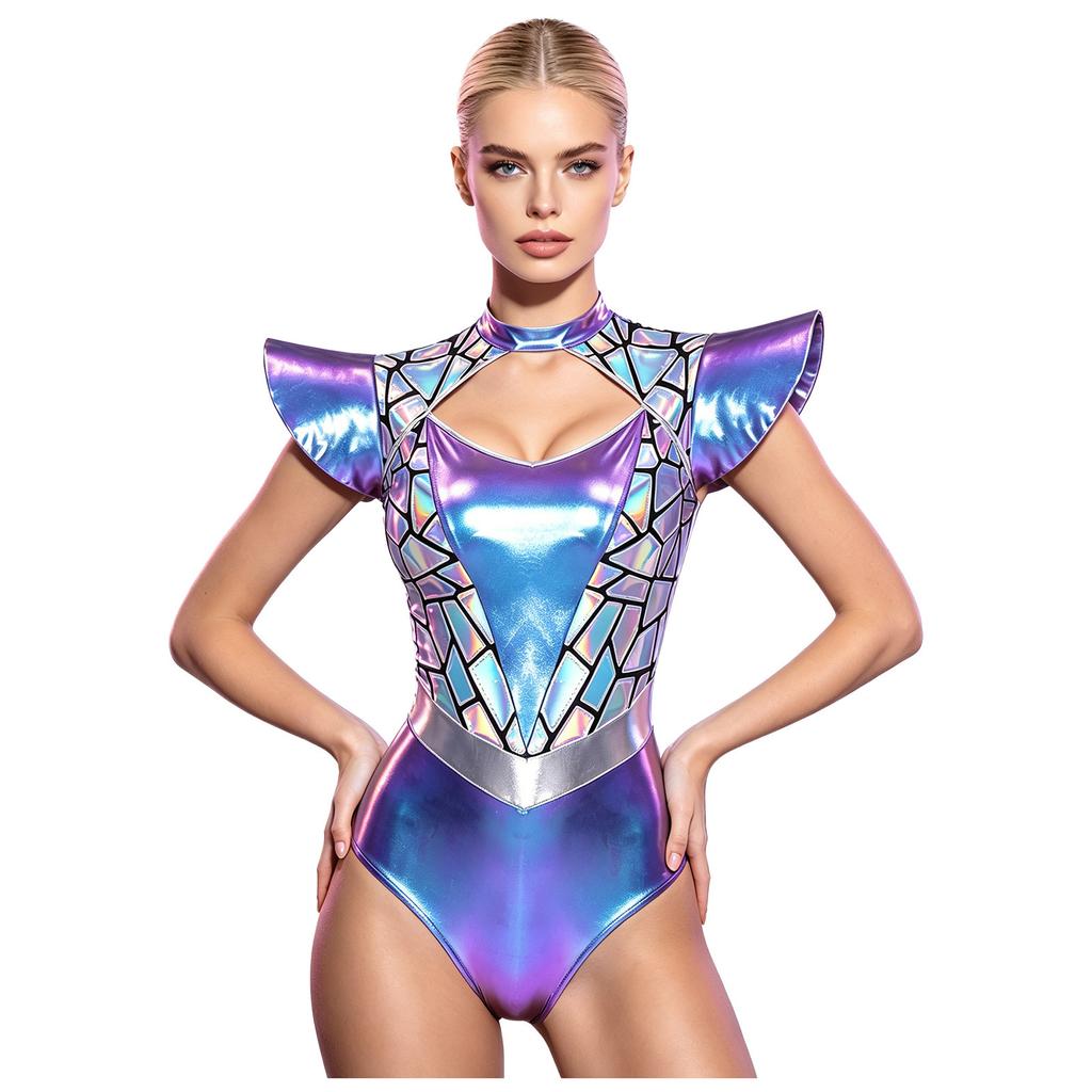 Dames Alien Cosplay Bodysuit Metallic Kleurovergang Pailletten Cut-out aan de voorkant Hoge hals Vliegmouw Leotard voor Halloweenfeest Optreden