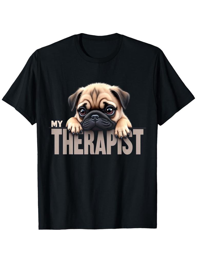 Plus Size Unisex Pug Dog Therapist Crew Neck Tee Cute Sitting Pug Print Sxxxl Breathable Casual Top For All Seasons And Outdoor Activities