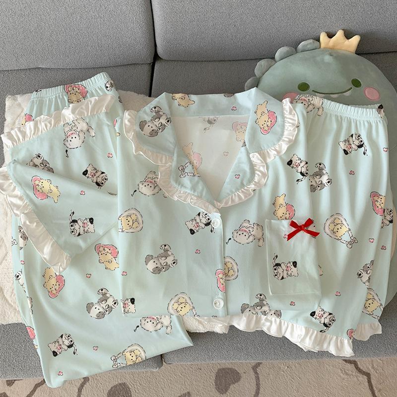 Mengqu puppy style imitation cotton pajamas women's summer lace short-sleeved loungewear three-piece set