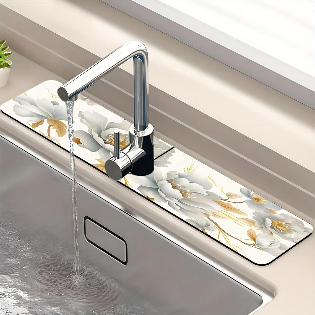 1 pz Tappetino Assorbente per Rubinetto Lavello Floreale, Tappetino di Drenaggio, Lavello Cucina Bagno, Tappetino di Drenaggio da Banco, Lavabo in Fango Diatomaceo, Tappetino Tagliabile ad Asciugatura Rapida