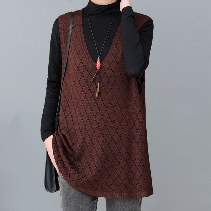 Women's Plus-Size Thin Loose Solid Color Hollow-Out Sleeveless Knitted Vest V-Neck Cardigan Top for Outer Wear