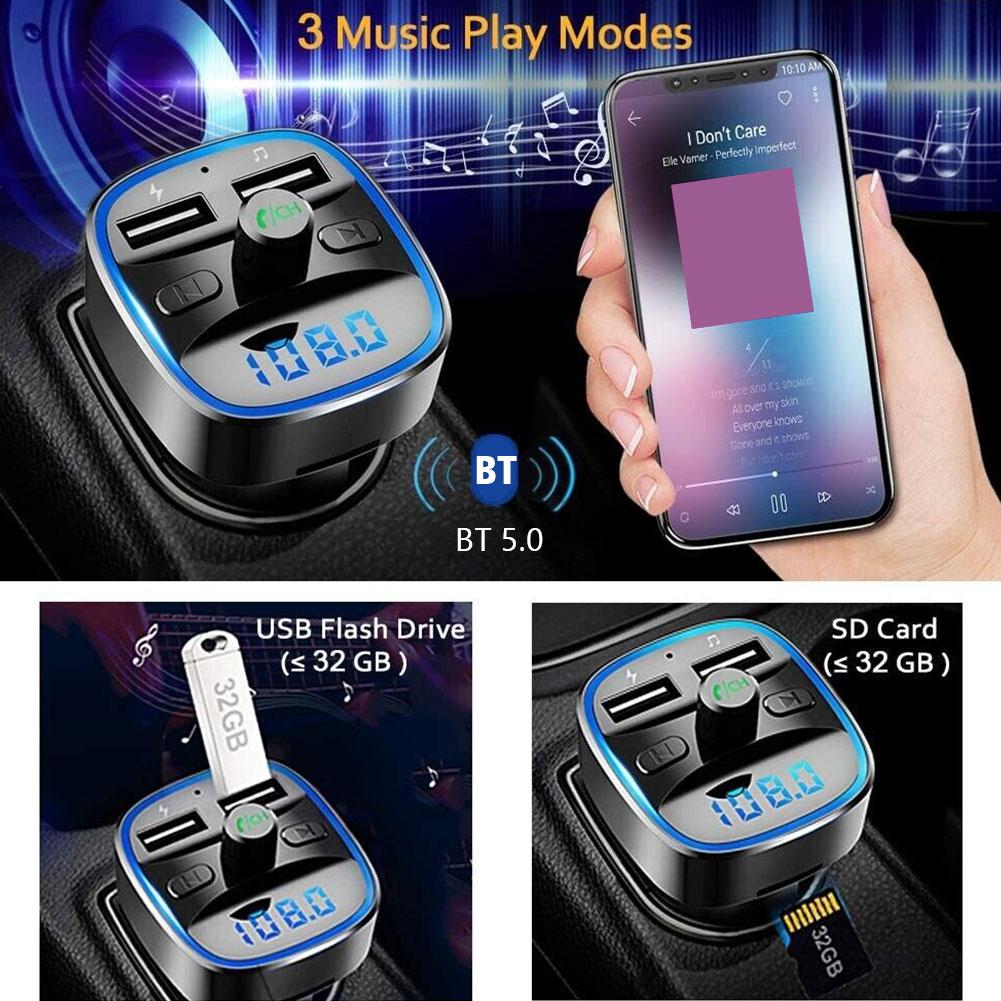 Car Adapter Bluetooth 5.0 Wireless 2 USB Port Charging Hand-free Call Blue LED Light Fast Charging FM Transmitter Car Accessory