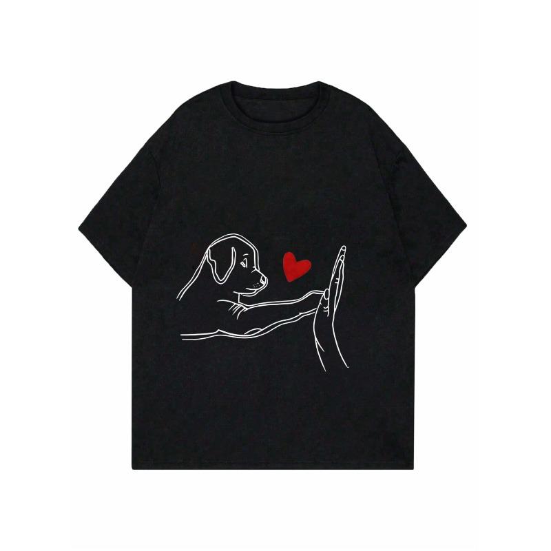 Women Casual T Shirt Black Dog And Heart Print Graphic Tee For Daily Wear And Pet Lovers