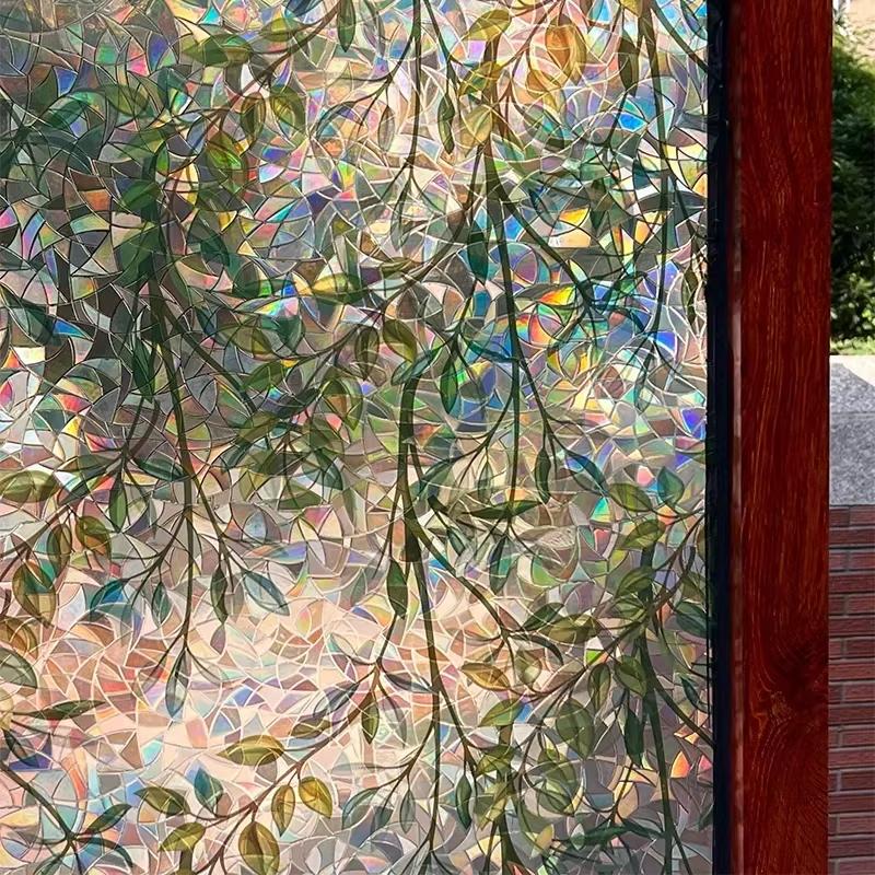 Statisch Haftende Grüne Blatt Buntglas Fensterfolie Anti-Späh-Sichtschutz Abnehmbar für Wohnzimmer Balkon Dekoration