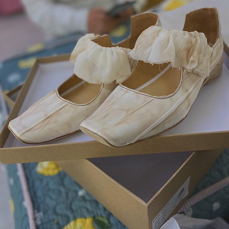 Sheepskin version~ Autumn new leather square head niche fairy flat heel single shoes female retro satin polished Mary Jane shoes