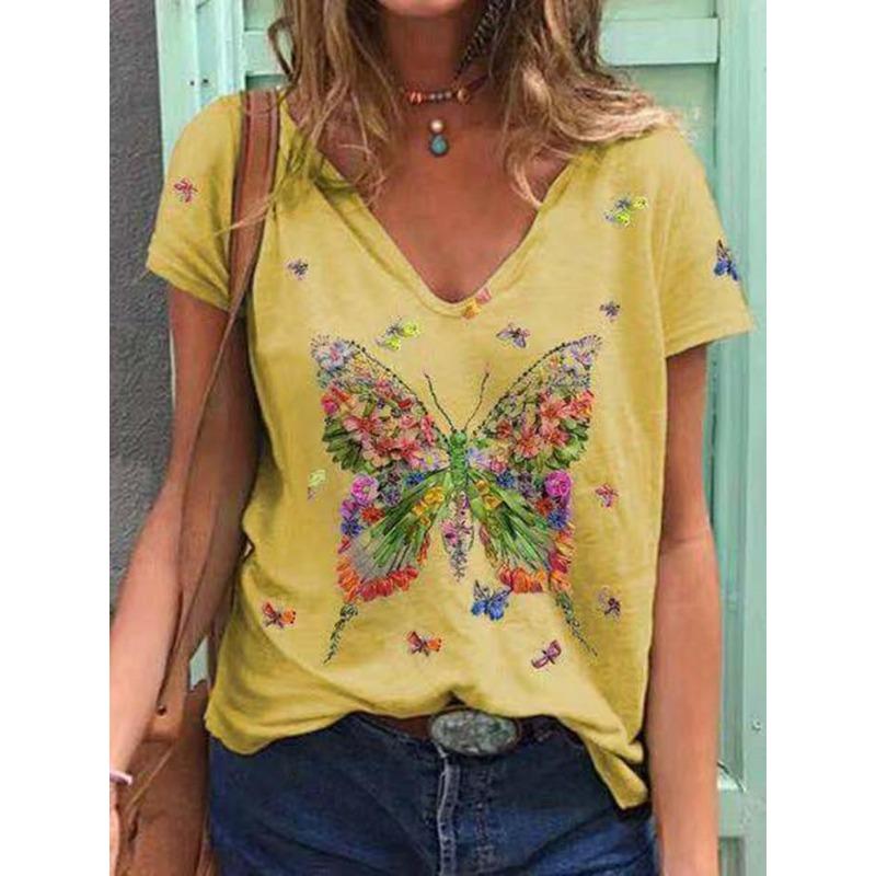 Sommer Schmetterling Libelle 3D V-Ausschnitt Bedruckt Neues Damen Top T-Shirt