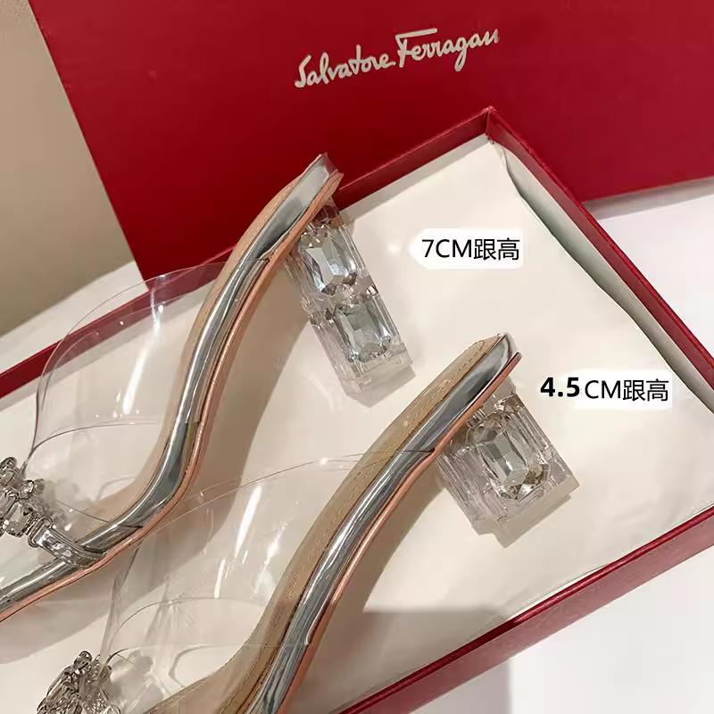 Spot Second Hair~ Cool Slippers Women's New Crystal High Heel Leg Repair One-word Drag Transparent Sandals Rhinestone Slippers Summer