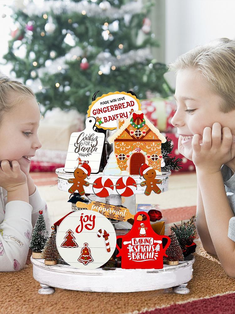 Xmas Tiered Tray Decor Rustic Wooden Xmas Tiered Tray for Holiday Table Decoration