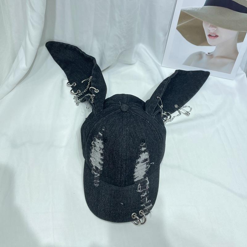 Y2K Metal Chain Rabbit Ear Cowboy Baseball Cap, Men's and Women's Personalized Perforated Duckbill Cap