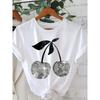 European Size Silvery Cherry Graphic Print T-Shirt, Short Sleeve Crew Neck Casual Top for Summer& Spring, Women' S Clothing