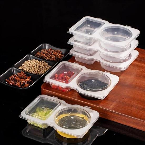 Double Compartment Condiment Container with Lids And Spoon Leakproof Sauce Box Reusable Transparent Seasoning Containers for Kitchen Cafe Restaurant