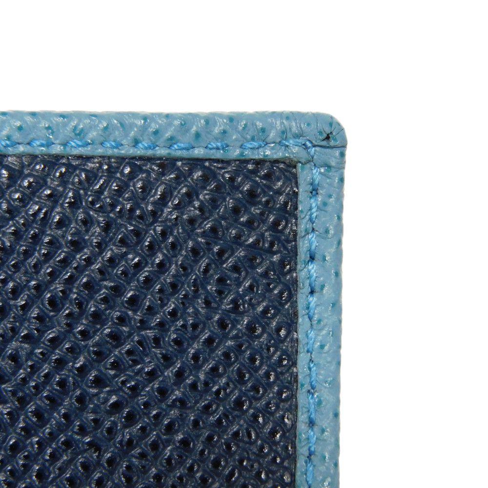 Used Bulgari Man Business Card Holder 7946 Navy Bi-Color Calfskin Bifold RFID Case (11679) Logo Metal Light Blue Men's