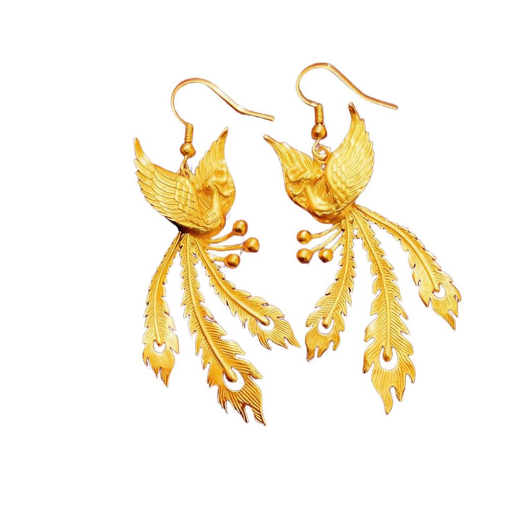 Phoenix Dance Gold-Plated Earrings for Women - Chinese Style Bridal Wedding Earrings