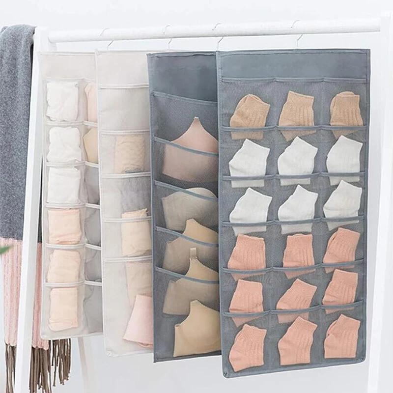 Hanging Bra Organizer with Pockets, Hanging Sock Organizer, Dual Sided Hanging Closet Underwear Storage Holder for Lingerie