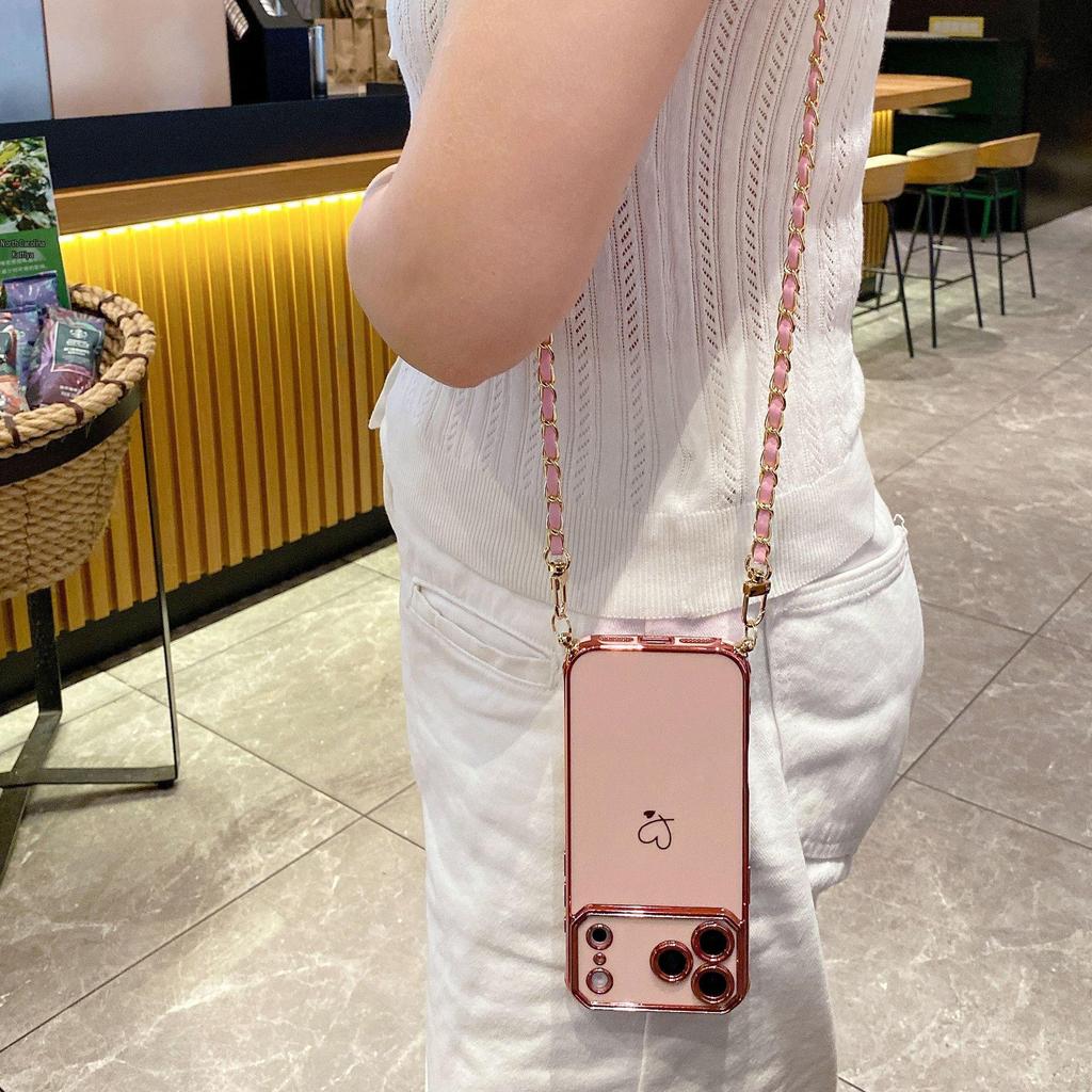 High-End Electroplated Love Heart Crossbody Lanyard Case for iPhone 16 Pro Max/17/15/14