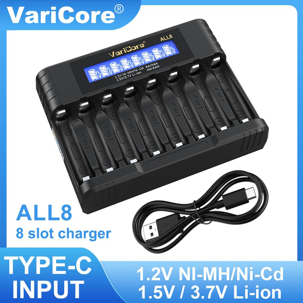 

VariCore 8-slot high-speed LCD ALL8 charger,AA/AAA charger, suitable for 1.2V Ni-MH 1.5V/3.7V Li-ion rechargeable batteries Only Charger