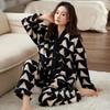 Women's Cozy Coral Fleece Pajama Set - Thick Cardigan, Long Sleeve, Printed Design for Autumn/Winter, Suitable for Outdoor Wear