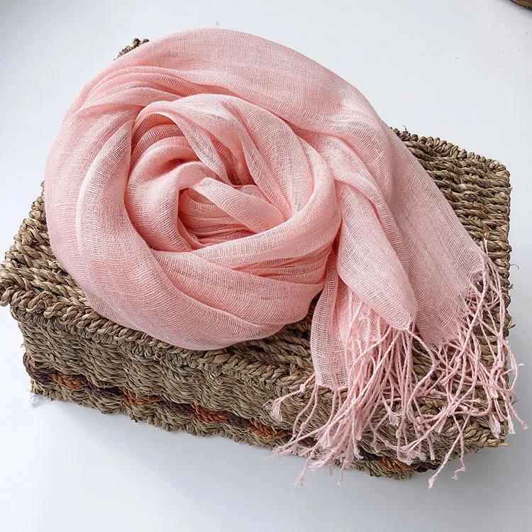 Pure Linen Thin Solid Color Scarf Multi-Color Fresh And Elegant Beach Silk Scarf Women'S Versatile Sunscreen Shawl