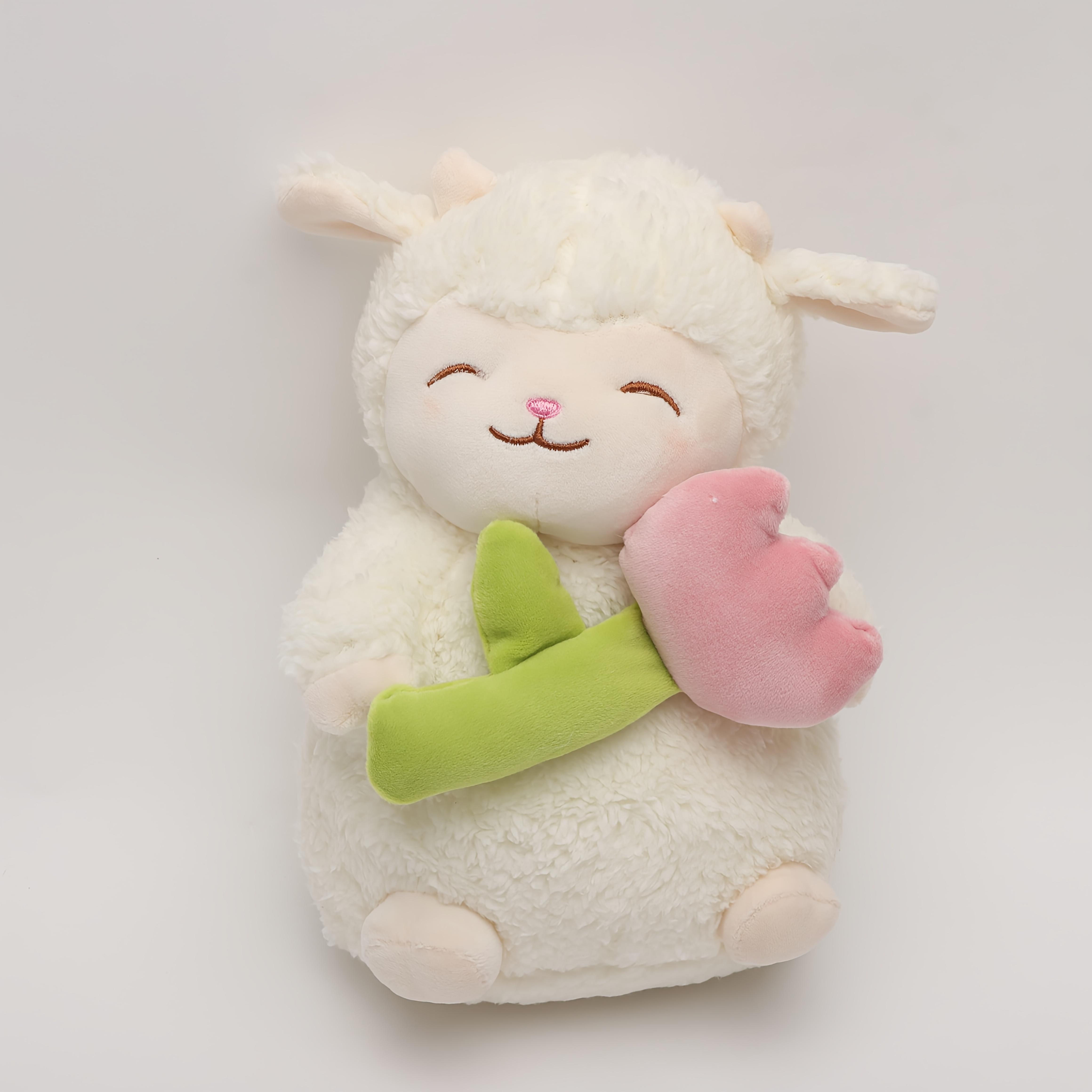 

1PC Velvet Doll, Soft and Cute Lamb Throw Pillow Doll with Tulip Flowers, White Birthday Gift.