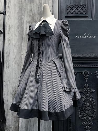[Jundakara] Gothic Striped Dress for Women, Long Sleeves, Short Length, Cute and Dark Style, Detachable Ribbon, A-Line, Classical Fashion, Gothic Loli