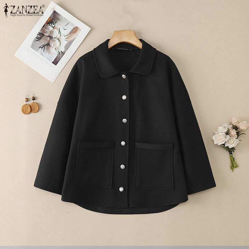 ZANZEA Women Casual Turn Down Collar Long Sleeve Spring Woolen Jackets