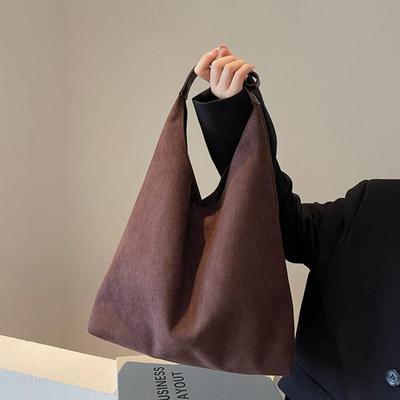 Dames Suède Schoudertas Retro Schoudertas Grote Capaciteit Eenvoudige Tote Handtas Effen Kleur Drukknoopsluiting Tas met Tophengsel