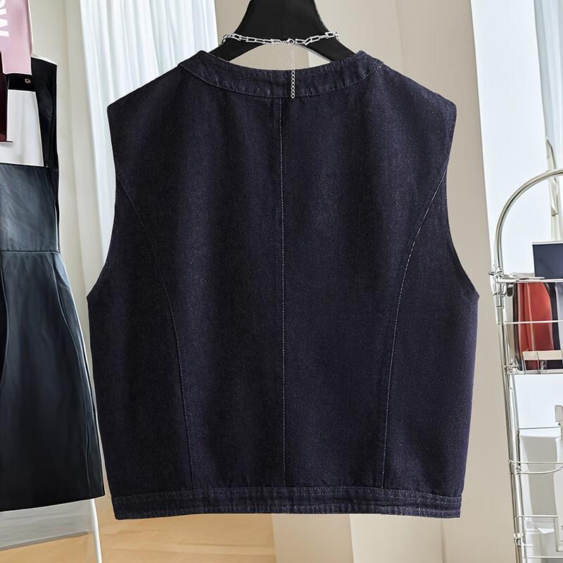 Women's Retro Round Neck Double Pocket Denim Vest