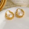 LATS Twisted Metal Pearl Hoop Earrings for Women High-end Unique Light Accessories Jewelry