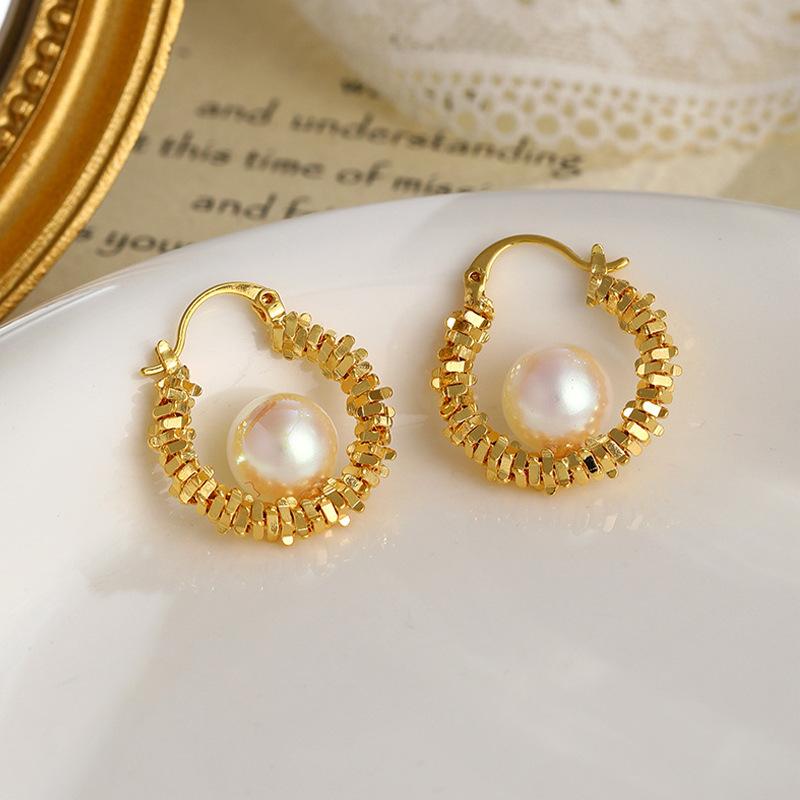 LATS Twisted Metal Pearl Hoop Earrings for Women High-end Unique Light Accessories Jewelry