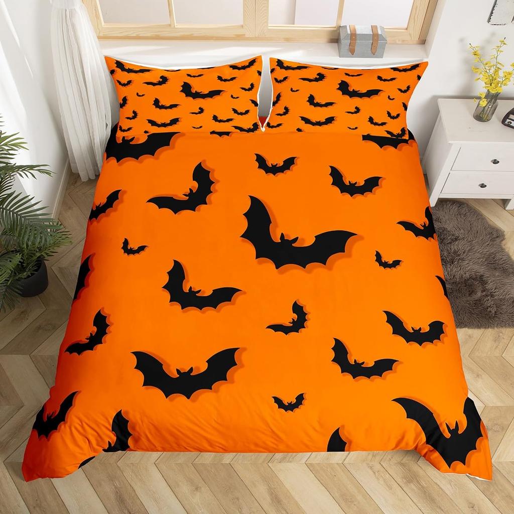 Comforter Halloween Bats Glitter Stars Galaxy Gothic Bedding Set Cute Cartoon Watercolor Bat Comforter Twin Queen Size