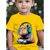 European Sizes Summer Boys' Fashion Short-Sleeve T-Shirt with Capybara Cartoon Print Playing Video Game with Headphones, Outdoor Casual Top