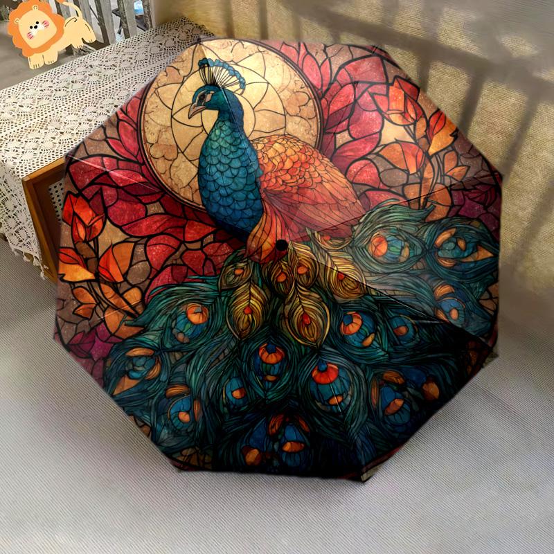 0106 Glass Window Peacock  pattern, automatic folding umbrella, portable and foldable design, 8 ribs, a Christmas or birthday gift.