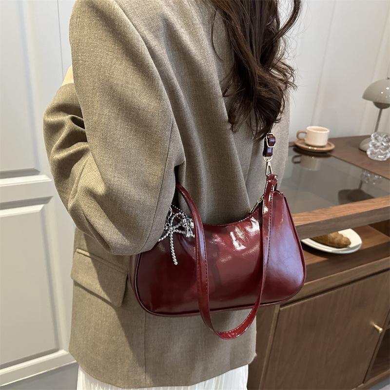 Vintage Solid Color PU Shoulder Underarm Bag for Women Textured Trendy Crossbody Bag Portable Hobo Handbag Purse
