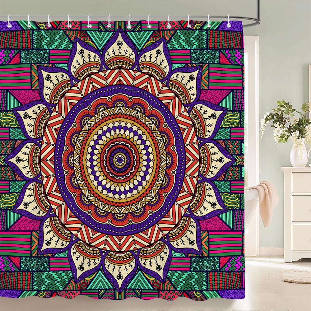 Duschvorhänge im Bohème-Stil Mandala Boho Blumen- und Pflanzendruck Badezimmervorhänge Wasserdichter Polyester Duschvorhang