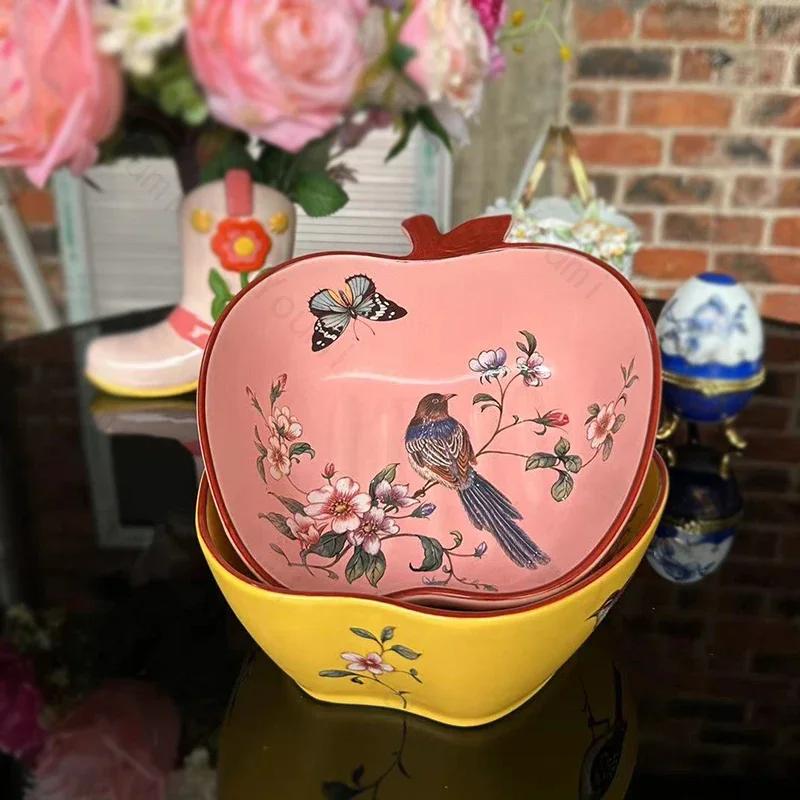 Creative Bird Relief Ceramic Plates Home Breakfast Exquisite Fruits Salad Bowl Unique Apple Shaped Tableware Decoration