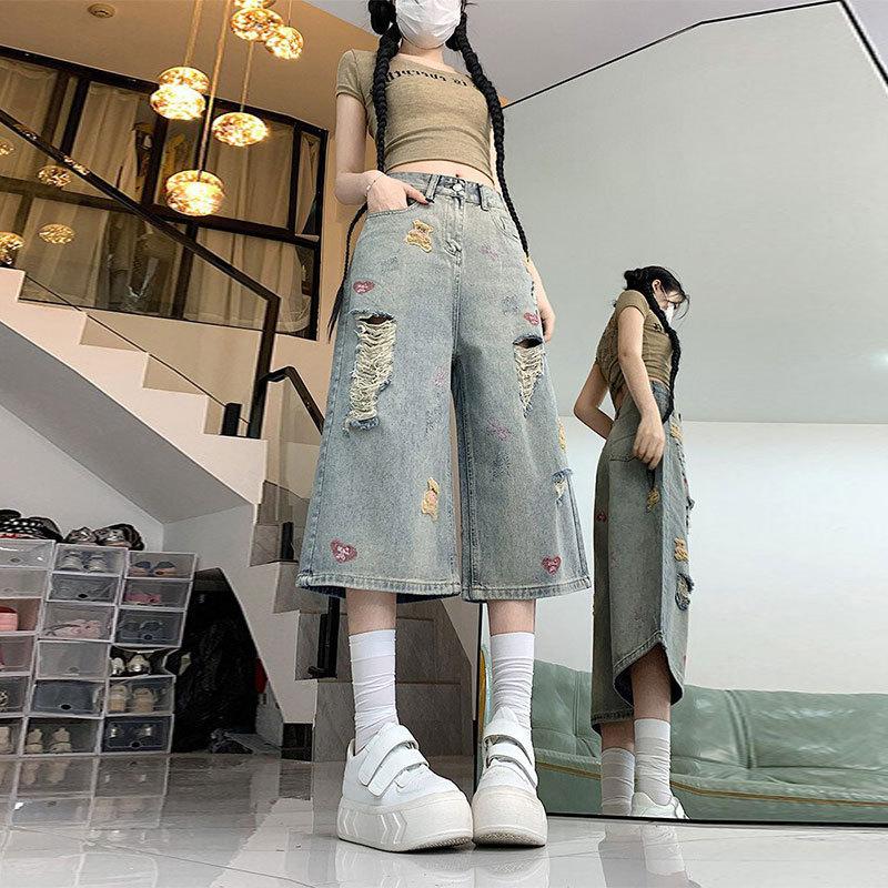 Women's High Waist Wide Leg Cropped Jeans Loose Seven Length Denim Pants Ripped Embroidery Acid Wash Plus Size Summer Casual Trousers