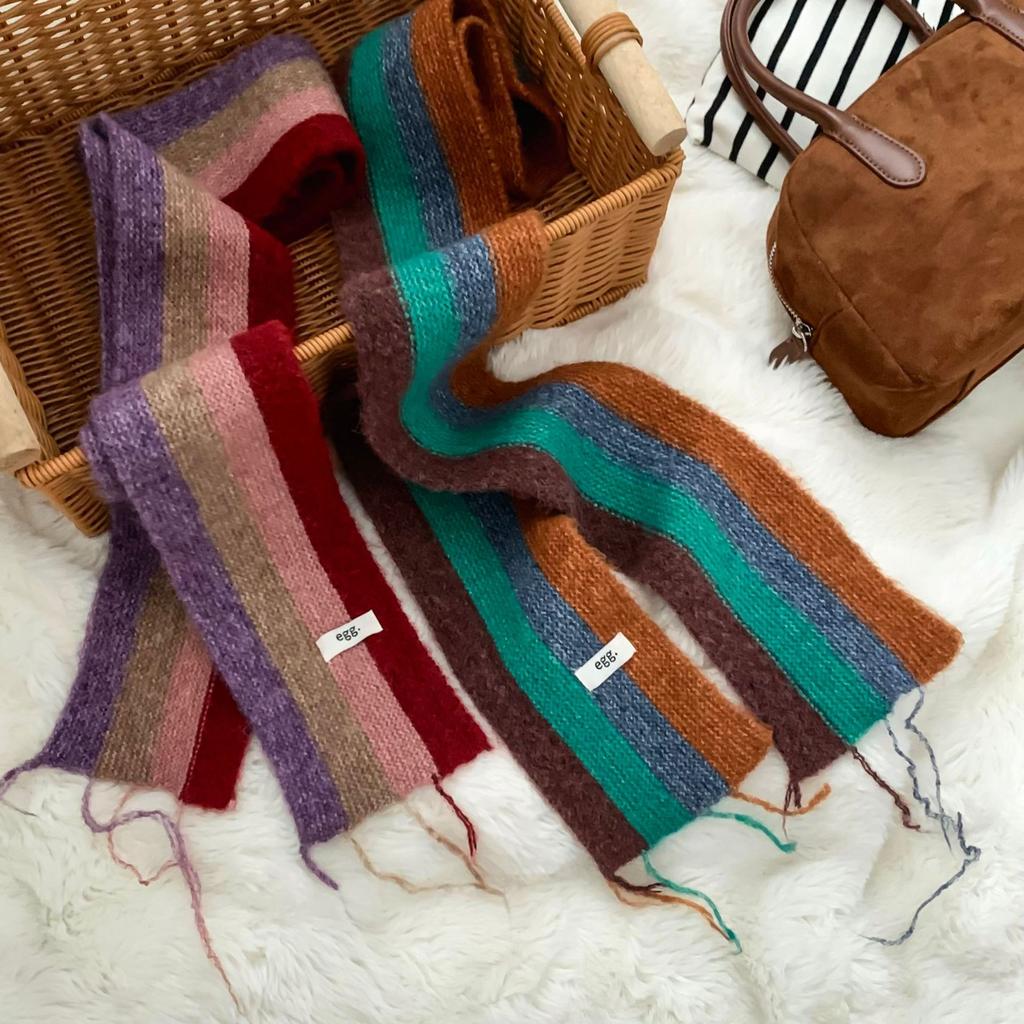 Scarf Korean Atmosphere Rainbow Striped Fringed Knitted Scarf Autumn And Winter Thickened Warm Versatile Scarf