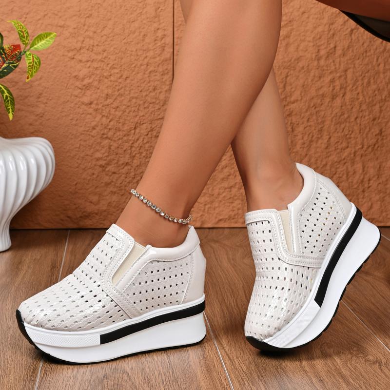 Fashion Breathable Hollow Out Thick Bottom Sneakers Women 2025 Autumn Chunky Platform High Heel Casual Shoes Slip On Non Slip Shoes