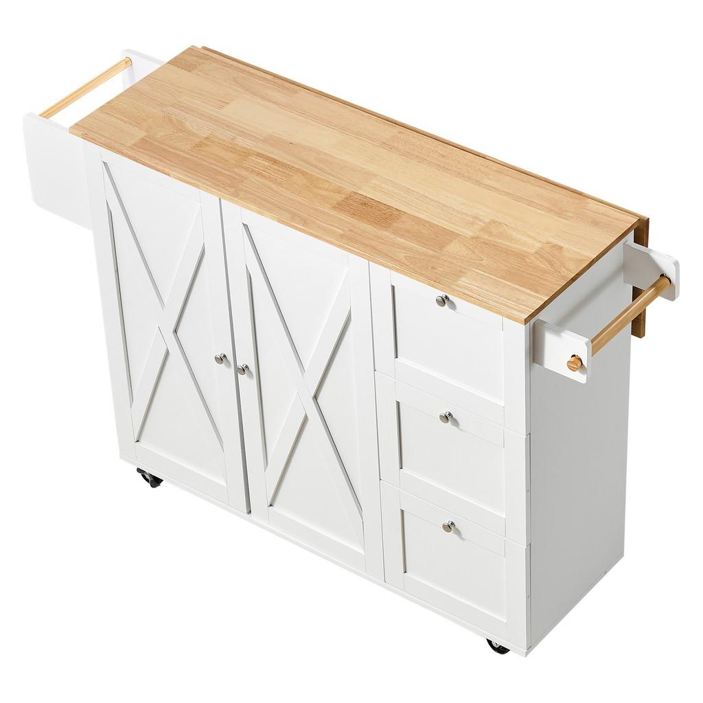 VEVOR Kitchen Island Cart with Solid Wood Top, 115 cm Width Mobile Carts with Storage Cabinet, Rolling Kitchen Table with Spice Rack, Towel Rack