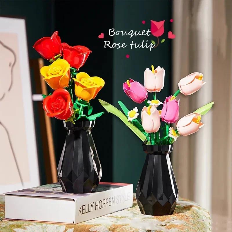 Rose Solsikke Tulipan Byggeklosser Blomsterbukett Vase Modell Klosser Sett Hjemmedekorasjon Barn Pedagogisk Leketøy Feriegaver
