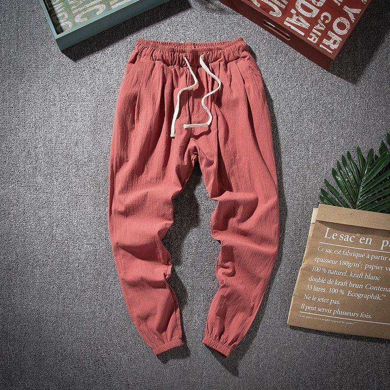 Men's Loose Straight Elastic Waist Linen-Cotton Tang Suit Pants for Spring and Summer