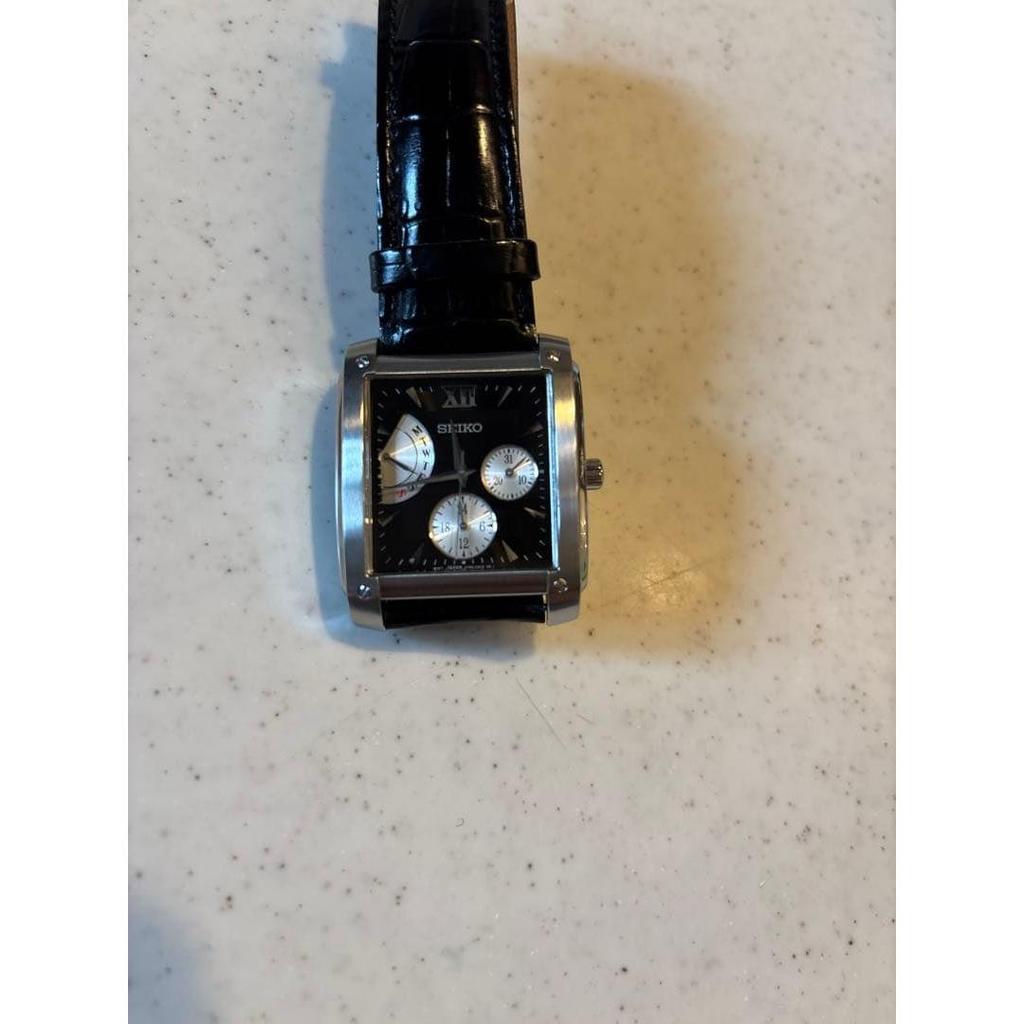 SEIKO Square Quartz Watch Black Leather Strap