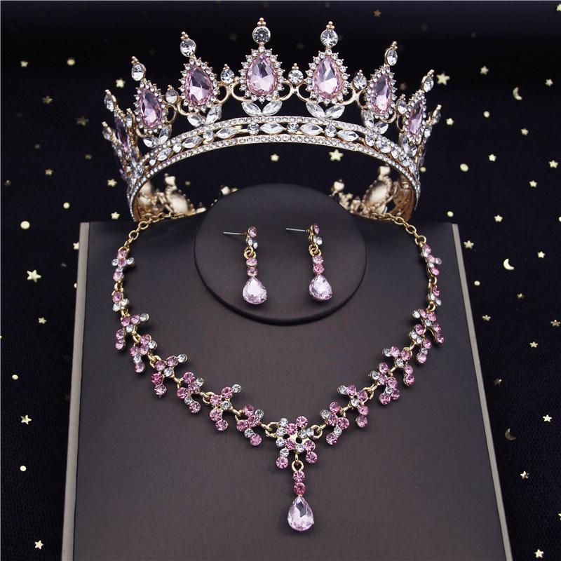 Quality Crystal Bridal Jewelry Sets for Women Fashion Circle Earrings Necklace Set Bride Crown Tiaras Prom dubai jewelry sets