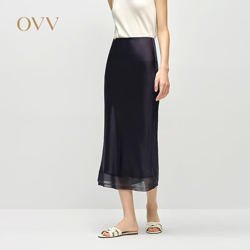 OVV Women s Satin Acetate & Chiffon Straight Skirt S темно-синий