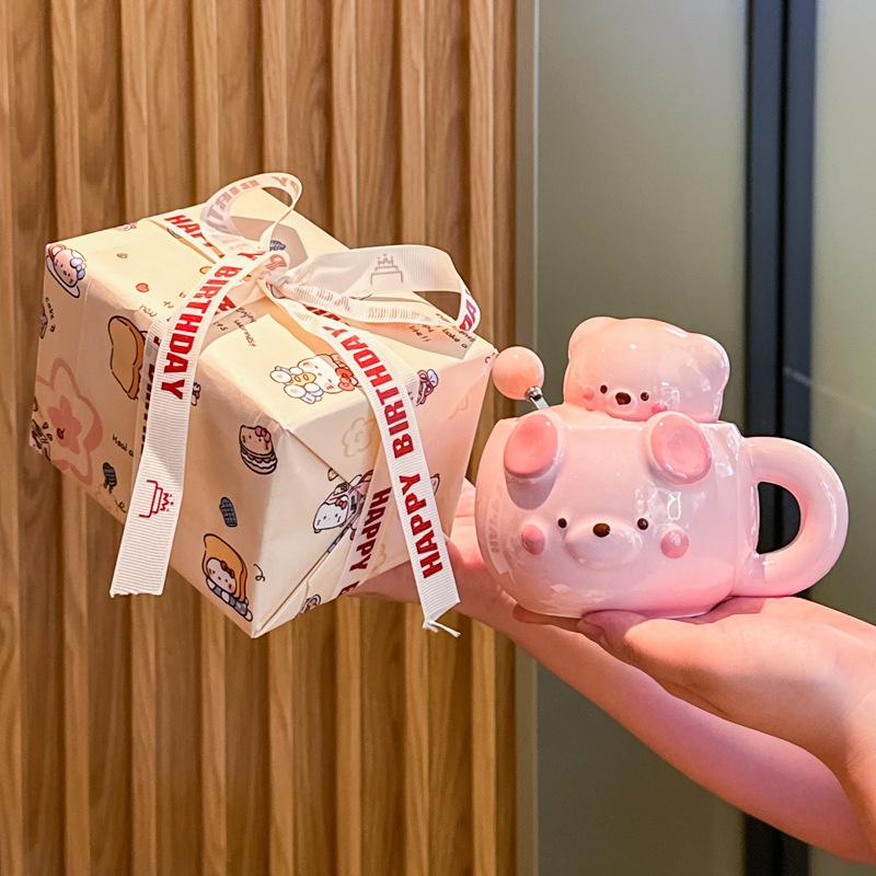 Cute Cream Bear Cup, Girls Ceramic Mug, High-value Souvenir, Practical Birthday Gift for Girlfriends