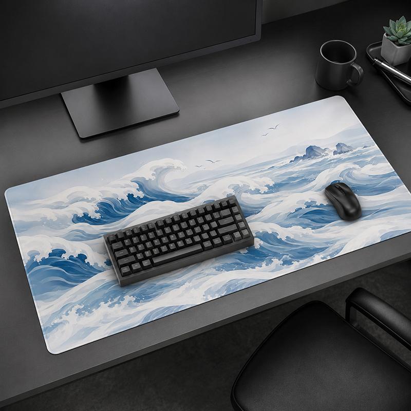Mouse Pad Blue White Ocean Waves Printon Demand HD Large Computer Mousepad XXL Mouse Mat Non-Slip Natural Rubber Soft Mouse Mats