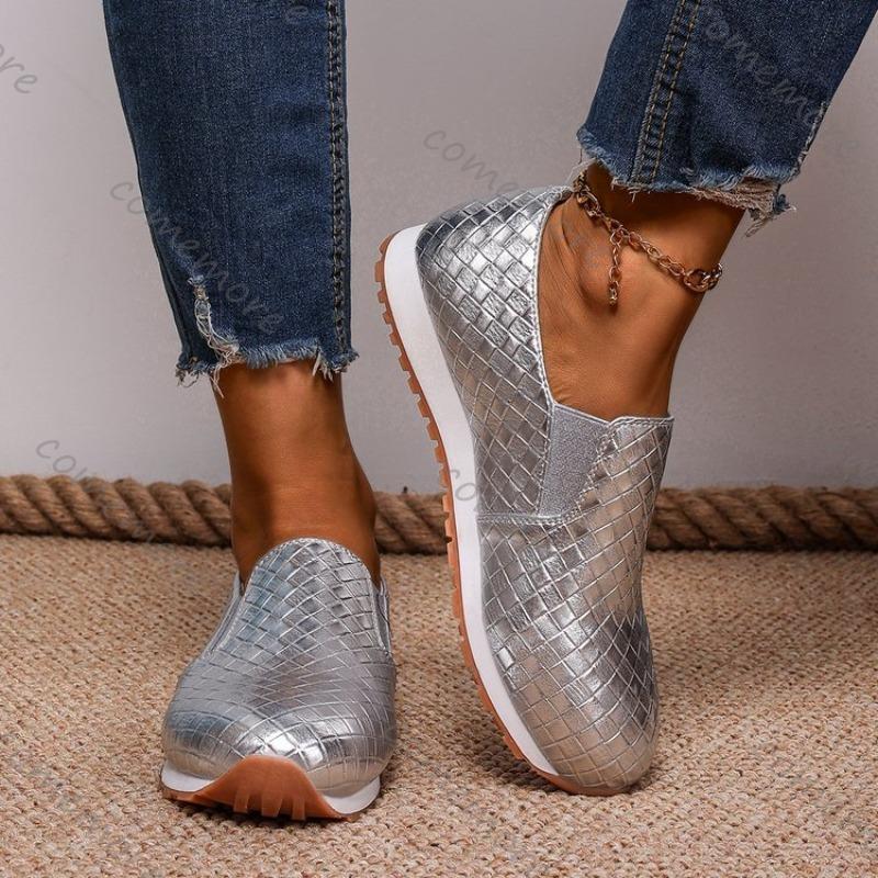 Fashion Comemore Spring Summer Flat Casual Shoes Sliver Gold Slip on Single Shoe Arge Size Soft Leather Round Head Elastic Women's Shoes