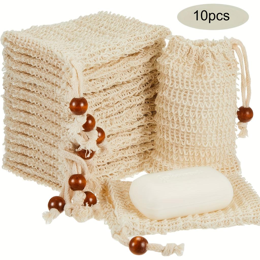 10pcs Soap Storage Bag Setlinen-cotton Soap Bag with Drawstring Strip Wooden Beads Foam  for Bath and Shower Shukou soap bag